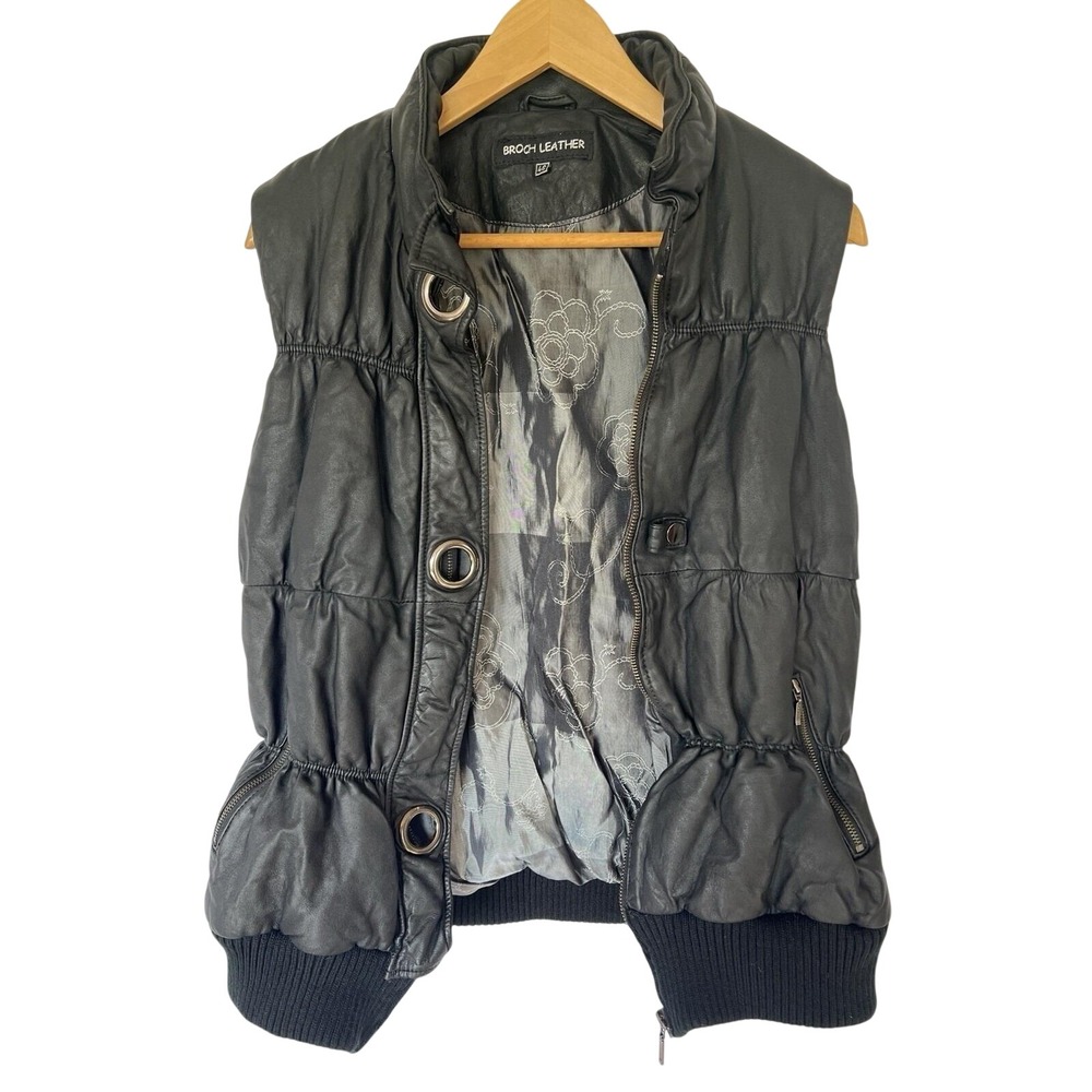 Broch Black Genuine Leather Y2K Made in Germany Puffer Vest Biker Goth Sz 46